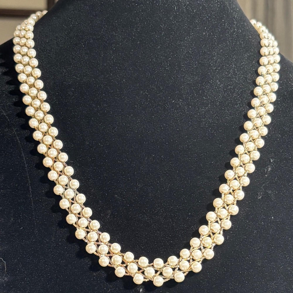 VTG Woven Herringbone Chain & Faux Pearl Lattice Necklace Gold Tone 80S Runway